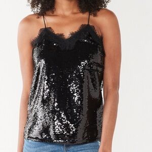NWT! Nine West Black Sequin Lace Trim Racerback Cami Tank Top L